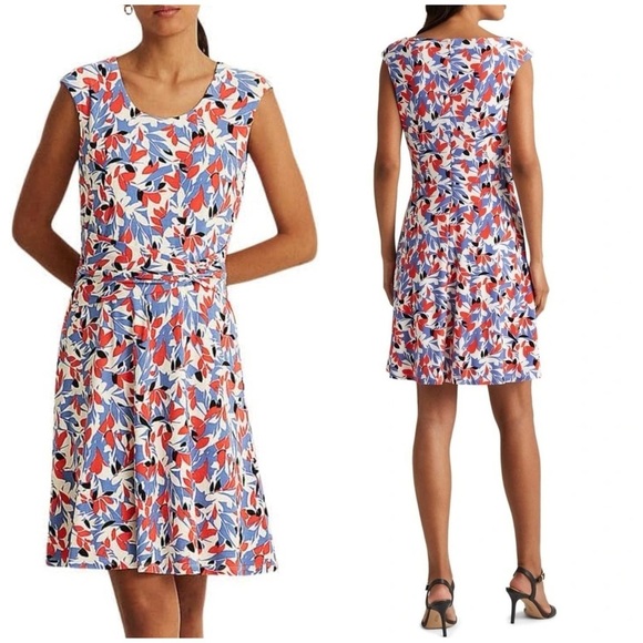 NWT Lauren Ralph Lauren Floral Printed Jersey Fit Flare Dress Twist Waist Sz 2 - Picture 1 of 14